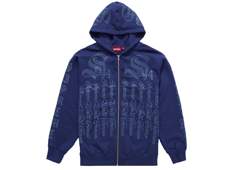 Supreme Rhinestone Zip Up Hooded Sweatshirt Washed Navy